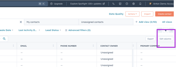 edit columns in hubspot before export